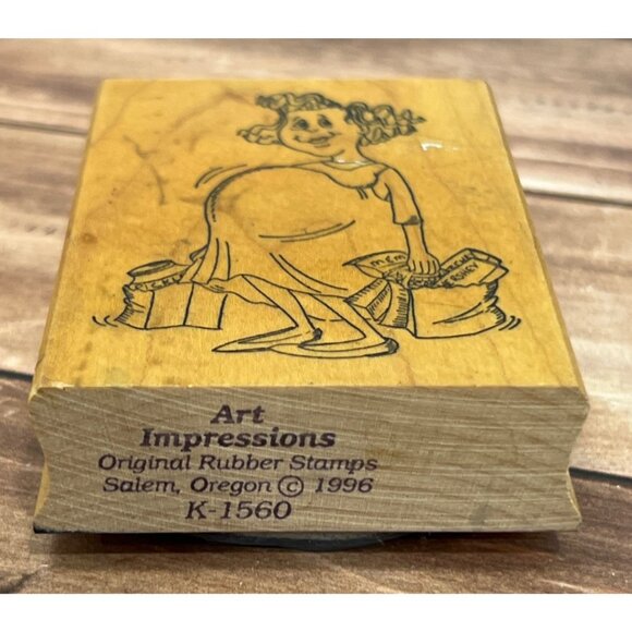 RARE 1996 ART IMPRESSIONS K-1560 PREGNANT LADY SHOPPING WOOD RUBBER STAMP - Picture 4 of 4